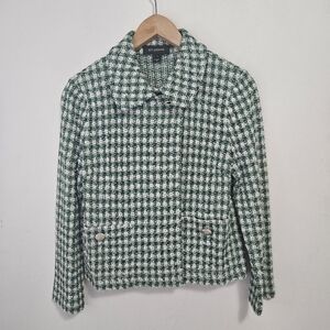 ST. JOHN Houndstooth Tweed Knit Jacket Sz 6 Green White Wool Blend